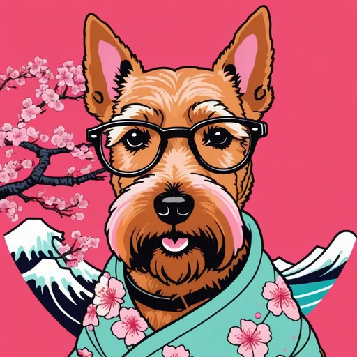 Prompt: ukiyo-e style neon color 
 cherry blossom wave  welsh terrier wearing glasses