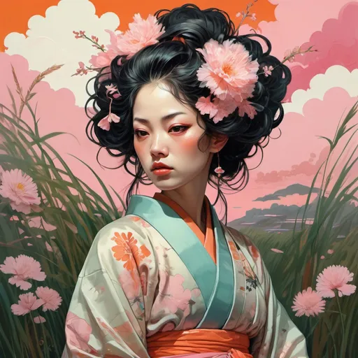 Prompt: portrait ninfa in japanese costume kimono, big hair, grass pastel colors, pink clouds, flowers orange :: by victo ngai, kilian eng, dynamic lighting, digital art, in the style of adrian ghenie, esao andrews, jenny saville, edward hopper, surrealism, dark art by james jean, takato yamamoto, inkpunk minimalism