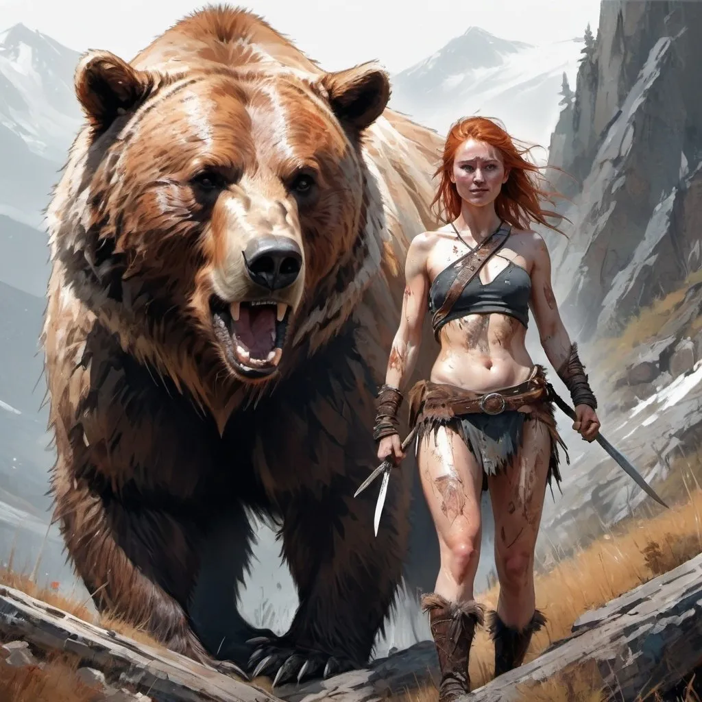 Prompt: "digital drawing of a sioux female warrioe and grizzly bear in Black Mountains, full body image, ginger hair, masterpiece, smile, comic style, pale skin, perfect anatomy, centered, approaching perfection, dynamic, highly detailed, artstation, concept art, smooth, sharp focus, illustration, art by carne griffiths and wadim kashin,"
