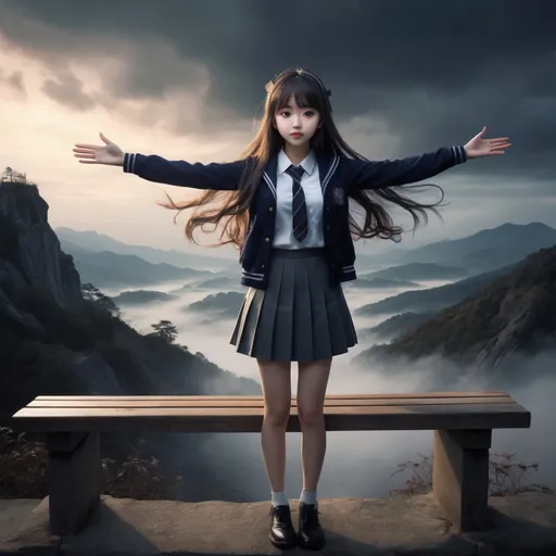 Prompt: a cute korean large-eyed girl, slender and small face, very glossy skin, slight smile, bangs, long wavy hair, raise both arms to the sky, 
fairytale manga style, croquis, dark atmosphere rough texture, chiaroscuro, digital art, surreal hallucinatory, 
school uniform, graphite, still life, fog, utility, mountain, plain, bench, dusk, 
surrealistic and fantastic dreamy landscapes, dynamic pose, beautiful legs, sfumato, surrealism, cinematic, masterpiece, combines fantasy and reality, fairytale elements, smooth, Strong and contrasting colors, vivid colors, rich colors, combination of various colors and shades, highly details, best Quality, Tyndall effect, good composition, free composition, spatial effects, lively and deep art, warm soft light, three-dimensional lighting, volume lighting, back lighting hair, Film light, dynamic lighting