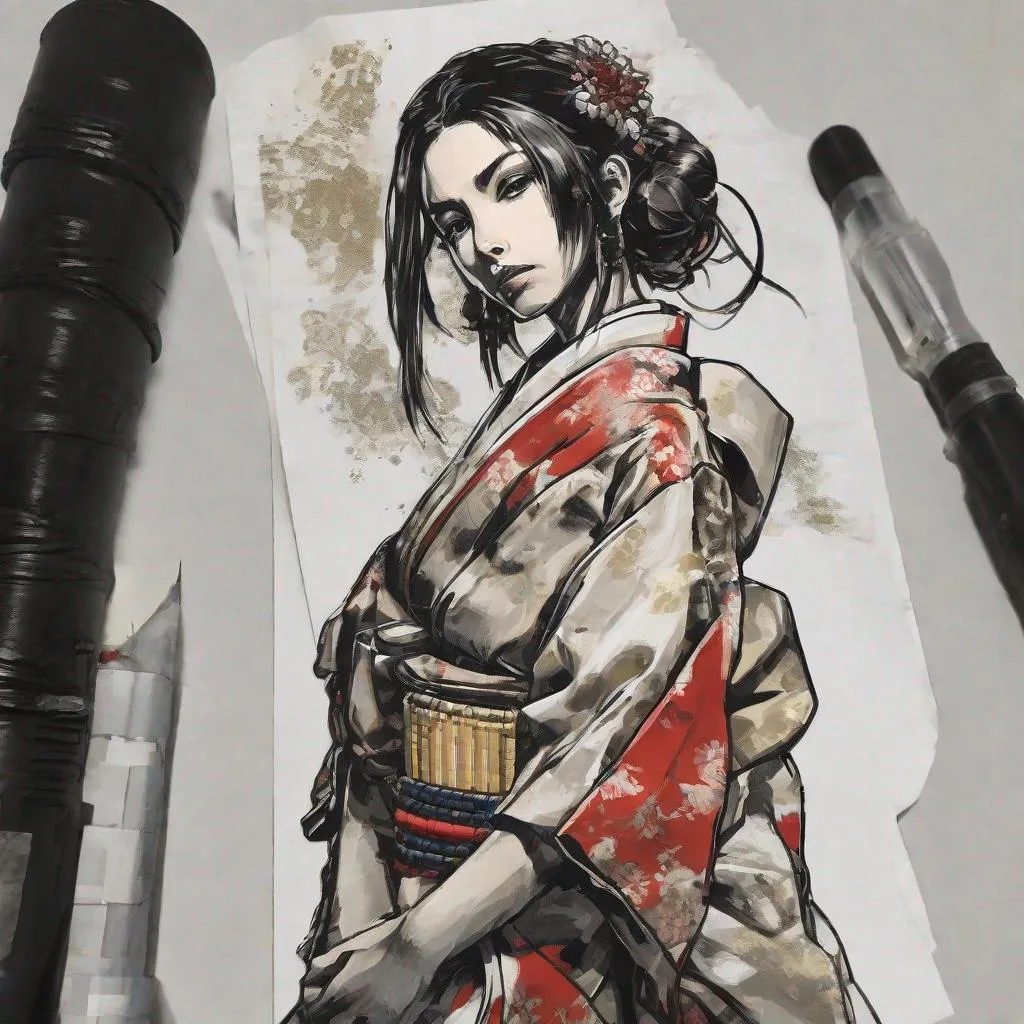 Prompt: (((Yoji Shinkawa))), sticker of ultra detailed portrait of Naomi Scott in japanese kimono,Kanzashi head accessories, high quality cell shaded illustration in post apocalyptic style by Yoji Shinkawa,(((sitting kneeling pose))), ((zoomed in face)),  (((katana))), (((Detailed hands))),perfect anatomy, centered, freedom, soul, blue and pink long hair, approach to perfection, cell shading, 4k , cinematic dramatic atmosphere, watercolor painting, global illumination, detailed and intricate environment, artstation, concept art, fluid and sharp focus, volumetric lighting, cinematic lighting, Art by Yoji Shinkawa and by Ilya Kuvshinov 
