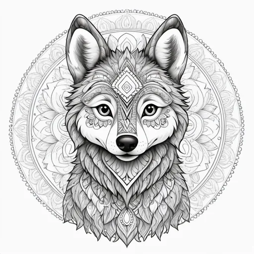 Prompt: cute baby wolf made of big mandala patterns, little detail, cartoon style, line art, black outline, white background, for a coloring page for kids