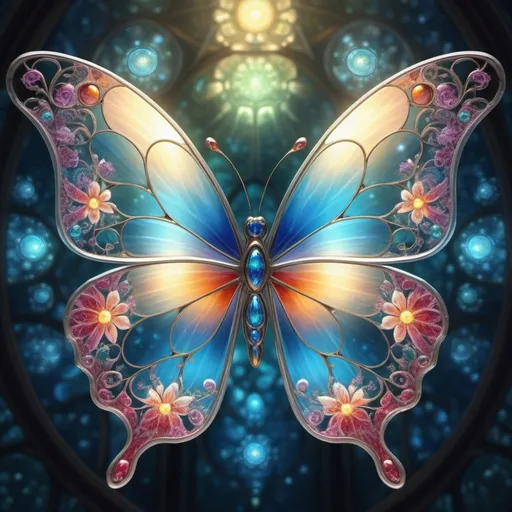 Prompt: a luminous transparent stained glass butterfly, flowers, bubbles, extreme detail, 4k, ultra hd, fantasy art, fractal art, digital painting, radiant, hyper-detailed