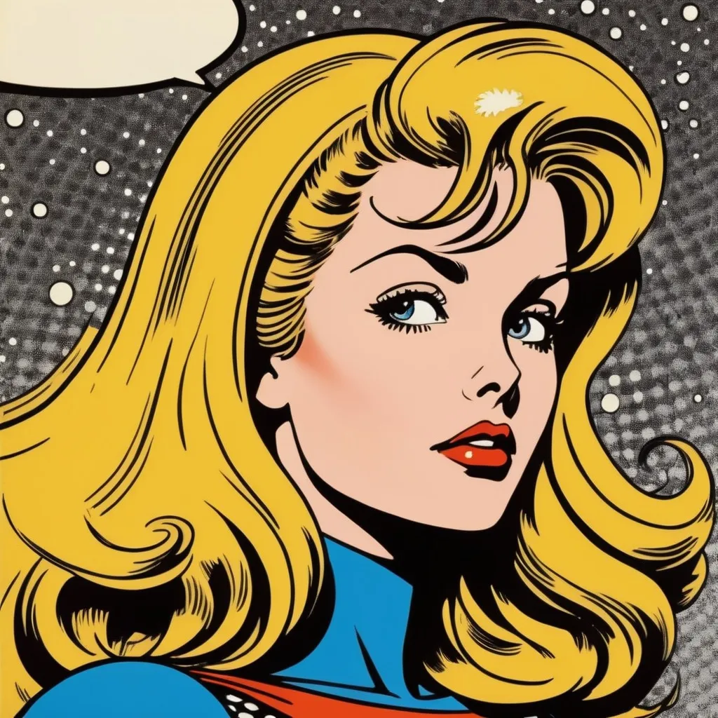 Prompt: barbarella, comic style, side view, halftone, pointlism, bentoism, by roy lichtenstein and jack kirby 