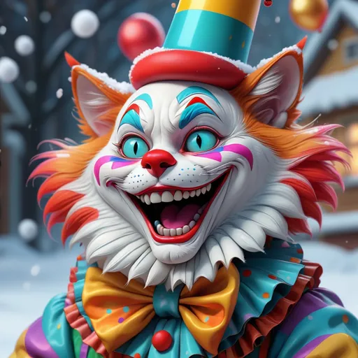 Prompt: Clown cat, happy new year vibes, style by loish, holiday, snow, ultra hd, realistic, vivid colors, highly detailed, UHD drawing, pen and ink, perfect composition, beautiful detailed intricate insanely detailed octane render trending on artstation, 8k artistic photography, photorealistic concept art, soft natural volumetric cinematic perfect light
