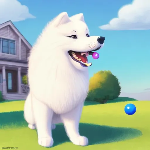 Prompt: Draw in profile, an adult Samoyed dog, with a ball stuck in her mouth, running with a ball in her mouth, very happy, in front of the house, with lots of details, inspired by Disney, Pixar and Dreamworks.