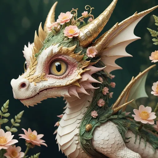 Prompt: Analog Style, Close Up Cute And Adorable Forest Dragon, hieronymus bosch
 , Filigree, Long Striped Tail, Reflective Eyes, Blushing, Flowers, Rim Lighting, Lights, Extremely Fluffy, Detailed Eyes. Magic,  Golden Ratio, Intricate, Trending On Artstation, Highly Detailed, Ultra High Quality Model, Story Book Style, Muted Colors, Watercolor Style