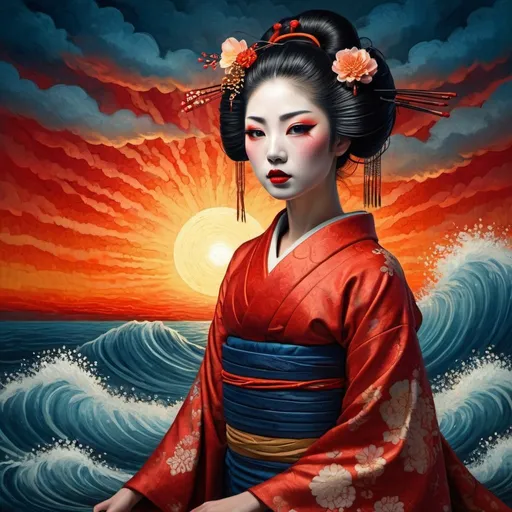 Prompt: Geisha, ultra highly detailed, Yaroslav Sobol. Andy Kehoe, Hokusai, Van Gogh painting style, red lips, dramatic makeup, long dress,  detailed sky, summer ,sea, swirling waves, colorful orange  sunset, sunlight, sunbeams, swirling clouds, sparks,  digital painting, highly detailed, filigree, intricated, intricated pose, clarity, high quality 