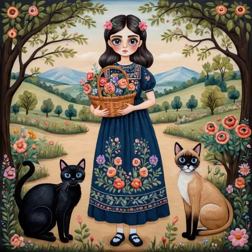 Prompt: Folk painting. A girl with big eyes in an embroidered dress standing in the middle of nature full-length and hugging a big Siamese cat with big eyes. The girl holds in her hands a large basket filled with flowers. Her hair is tied with a ribbon in the shade of the embroidery.