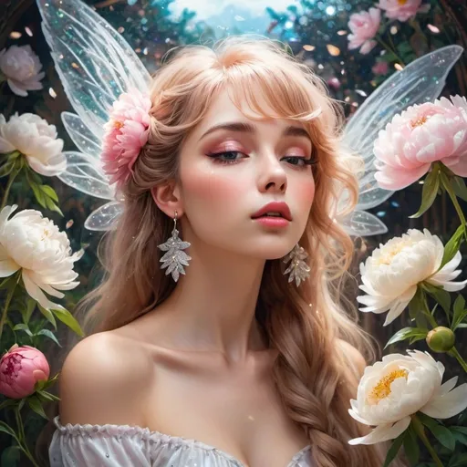 Prompt: long eyelashes, eyelashes, looking up, full lips, earrings, white bangs and long hair glitters, impressionism, glitter, flower, thin skinny fairy, wings, freshness, curl, braid floral wow effect, bottom view, peony in the light, flowerpot