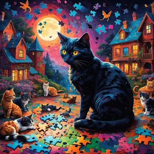 Prompt: thousands of pieces of puzzles, scattered dreams, crazy colors, a dark night, cats