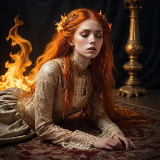 Prompt: A mythical young fire priestess with fire hair is collapsed on the carpet. Wearing a Victorian dress in warm tones, lace, satin, silk, brocade, gold thread embroidery. High lace collar, long lace sleeves, embroidered layered skirt. Eyes closed in exhaustion. Hair full of flame rises up. Dim and dark background, focused golden lighting. Silence, concentration, mythicity
, Mysterious