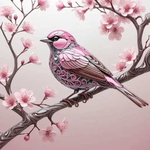 Prompt: Beautiful glass sparrow on a tree branch with pink blossoms ,abstract vector fractal, wave function, Zentangle, 3d shading, trending on artstation, sharp focus, studio photo, intricate details, highly detailed, by greg rutkowski