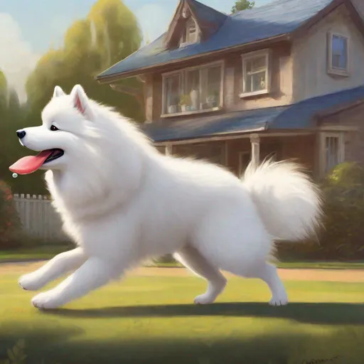 Prompt: Draw in profile, an adult Samoyed dog, with a ball stuck in her mouth, running with a ball in her mouth, very happy, in front of the house, with lots of details, inspired by Disney, Pixar and Dreamworks.