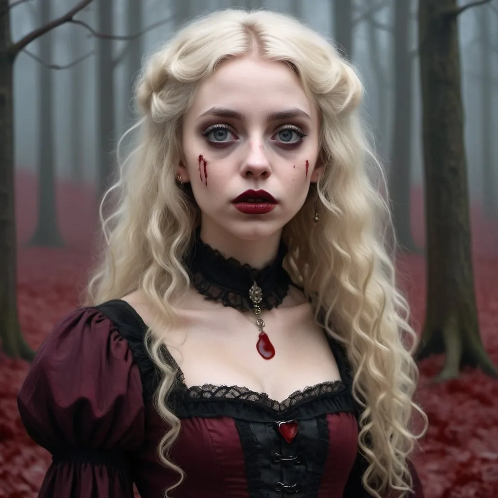 Prompt: Ultra Realistic ultra detailed and lifelike Wes Anderson Style and Tim Burton Inspired Portrait of an ominous looking beautiful pale victorian gothic vampiric girl with long blond curly hair wearing a dark burgandy gothic dress and red lips with drops of blood dribbling from her mouth and large dark eyes full of malice against a backdrop of a foggy night in the woods cinematic quality and detailed brushstrokes