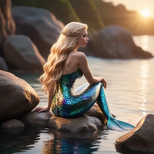 Prompt: Create an incredibly detailed, photorealistic image from a rear perspective of an iridescent mermaid with detailed features, seated upon a rock over the water. Her long, wet, blonde hair rolls down her back, looking radiant. The environment is slightly out of focus, displaying a picturesque sunset that offers a feeling of euphoria and pent-up emotions. The scene is shot with the crisp precision of professional photography, embracing dynamic lighting and intricate details, aiming for a 16k resolution aesthetic. The image has a hyperrealistic stage, clean sharp focus, and the gentle blur of bokeh, featuring a perfect composition with high contrast, bright, bold colors, and the subtle texture of film grain.