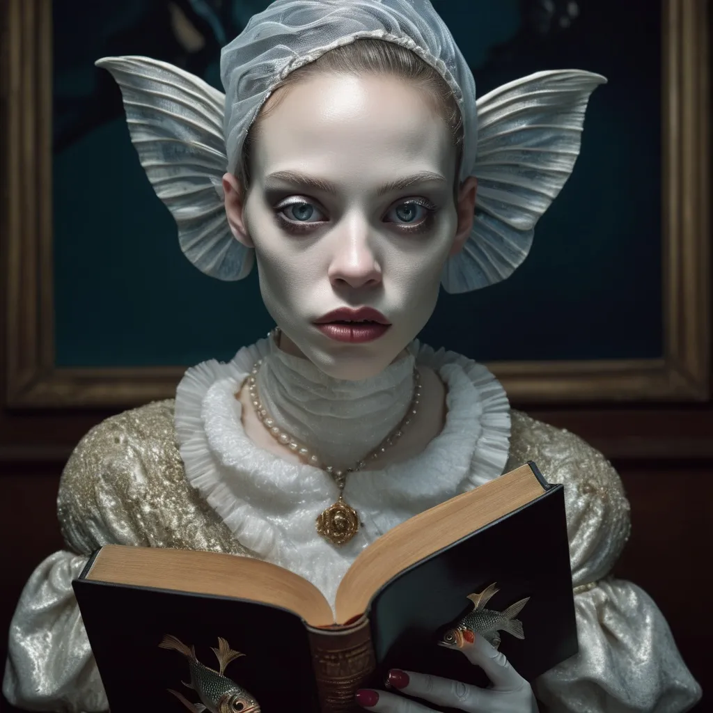 Prompt: photorealism, an anthropomorphic lady fishface hybrid creature holding a bible, extremely realistic, sharp details, shot by Steven Klein and Nan Goldin, intricately detailed background, photorealism, insanely detailed face, perfect pupils, expressive eyes, ambient lighting, intricately detailed location, HD, 8k