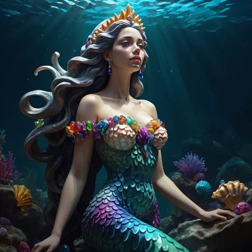 Prompt: Chiaroscuro, digital painting, 8k, HD high quality, Underwater statue of a undersea queen wearing a sea shell inspired dress, flowing hair, covered in colorful gems, dramatic, 