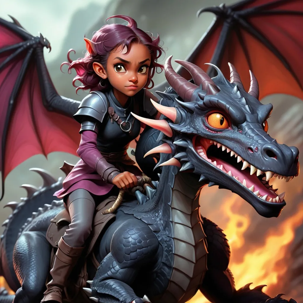 Prompt: manga art, digital painting,

A young female tiefling takes her first ride on a young domesticated dark charcoal dragon, 

cute, deep colors, detailed, realistic, SNES feel, style of manga,
fantasy, D&D, DnD, Pathfinder,