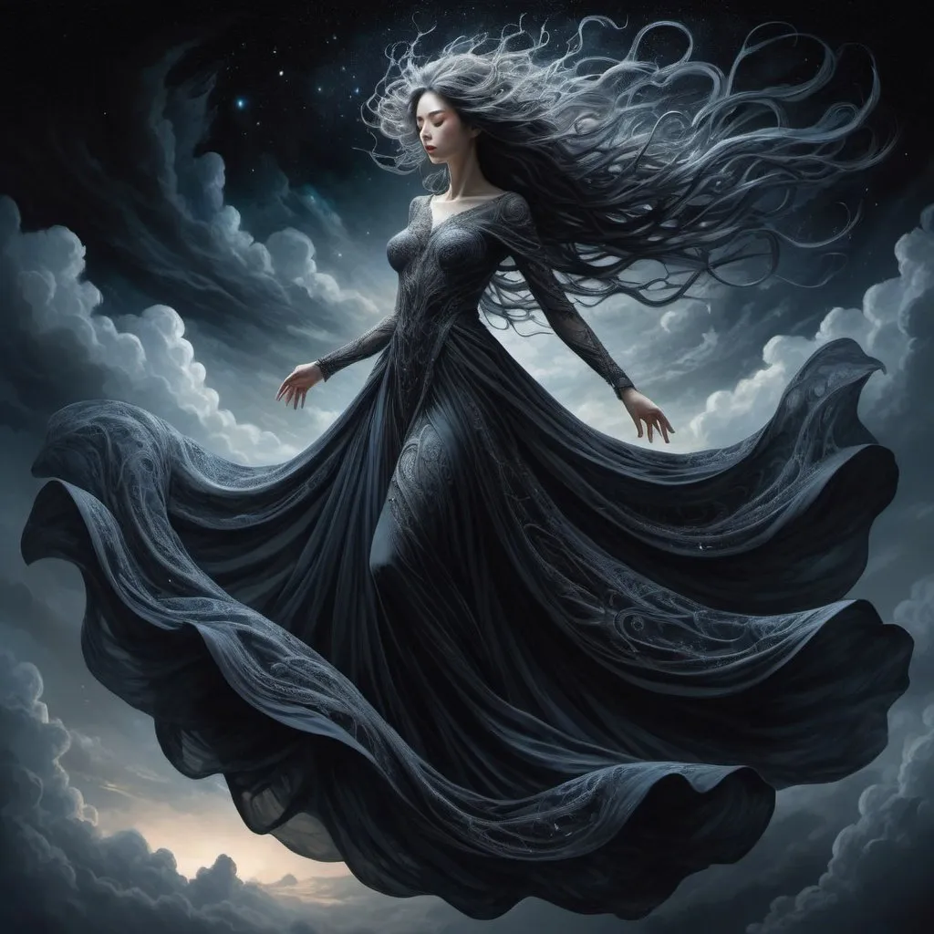 Prompt: painting of a spirit of darkness, descending from the sky, intricate long flowing gown, hyperdetailed by yoshitaka amano and Ekaterina Savic, fantasy art, celestial, ethereal, digital illustration, volumetric lighting