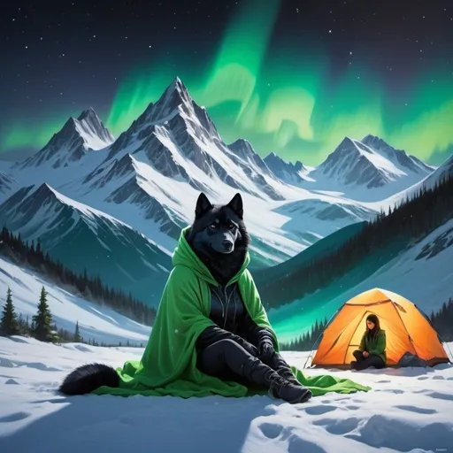 Prompt: Snow-capped mountains under a night sky boasting the vibrant aurora boreal, a young woman enveloped in a green blanket, seated beside a black husky, with a camping tent nearby, neon ambiance, abstract black oil touches, gear mecha elements, captured in a detailed acrylic style with a grunge aesthetic, intricate complexity, rendered in Unreal Engine for a photorealistic effect.