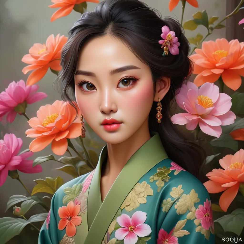 Prompt: Kim Soo-ja, realistic description, flowers, breathtaking beauty, mesmerizing masterpieces, textures and details Highly refined digital painting, perfect composition, vivid colors, ultra-fine resolution, by Sooja