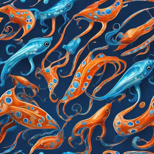 Prompt: Create an image of very abstract, non-realistic, shiny squid. the fish should have a strongly stylized appearance with exaggerated, cartoonish features, and a glossy, porcelain-like texture. the fish are set against a dark blue background. Highlight primary colors: vibrant orange (#FEC85B), cyan-leaning blue (#2697B5) and playful pink (#F03771). Incorporate secondary colors like corporate blue (#235FB3), neon cyan (#5FF5F3), and warmer red (#EF5B51). Accent with deep magenta (#C23066), serious navy blue (#0A235D) and night sky purple (#42276C). The composition should be visually harmonious with the fish displayed fully from head to tail in the image.