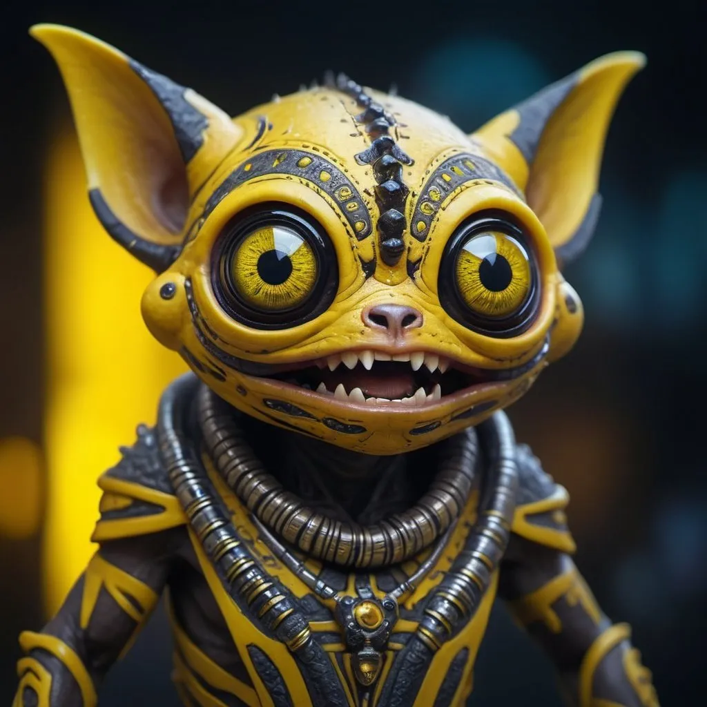 Prompt: Macro photography, Miki Asai style, portrait of a tiny creature with yellow skin, black eyes, sharp teeth, clad in tribal attire, positioned at a science fiction club during nighttime, volumetric lighting enhancing the eerie atmosphere, close-up capturing intricate details in sharp focus, highly detailed as if Greg Rutkowski had designed it, trending on Artstation, cinematic shot, studio quality, hyper detailed.