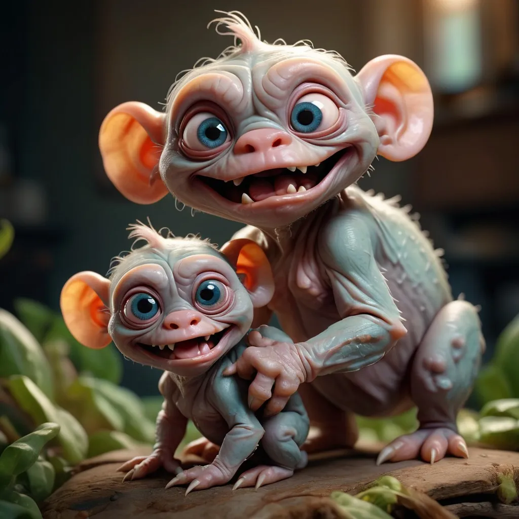 Prompt: "Extremely Ultrarealistic Photorealistic cute little ugliest creature holding its own baby professional photography, natural lighting, volumetric lighting maximalist photo illustration 8k resolution concept art intricately detailed, complex, elegant, expansive, fantastical"