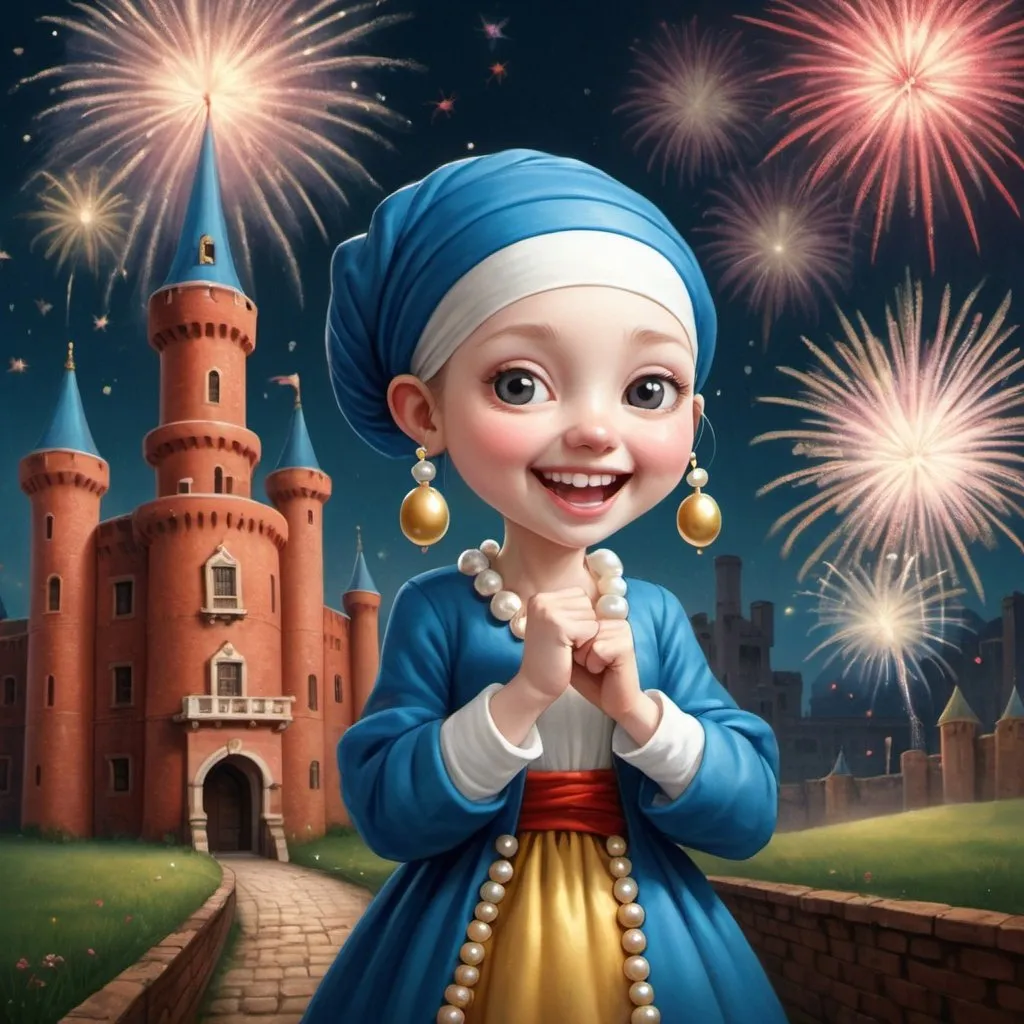 Prompt: A woman from "Girl with a Pearl Earring", would be a cute character in Super Mario, full-body,
laughing with raising her fist high  in front of red brick castle,  (((firework))), 
colorful mushrooms and gold coins ambience, 
cute and adorable, 
 intricated detailed background,
 in the style of Nicoletta Ceccoli  , Yoichi Kotabe, super detailed, best quality, storybook, masterpiece, never before, vanishing point, luminism, 