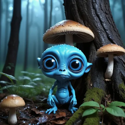 Prompt: a realiste blue cute   alien  , big eyes blacks , mushrooms in trees, , nigth , forest rain, hyperrealist , detailed, digital photo 4k --s 50