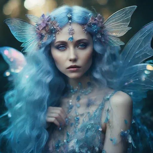 Prompt: a highly detailed professional portrait of a female fairy, photo by bella kotak, fantasy photography, transparent glass fairy wings, luminescent colors, otherworldly, high fantasy art, soft glow, iridescent colors, ethereal aesthetic, fashion photography, intricate design, fae elements, detailed shiny blue hair, whimsical, atmospheric,