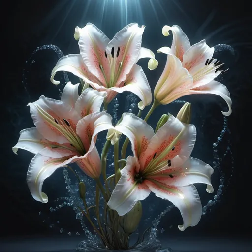 Prompt: Large blooming ((iridescent ((((lilies, white roses, poppies)))) by Fragonard, Sho Murase, Chen Su ))) indigo berry cream peach silver petals, glowing red translucent ((seed pods) by ((Noah Bradley, John Berkey)), (background theme) Twisted ancient fractal virus, glowing translucent ribbons, made of thin biological membrane, 3d textures, DNA,  infinite depth, galactic starfield, ultra realistic, high index of refraction, (bioluminescent sea angels) ((sparking fibre optic cables))((Chen Shu, J.R. Slattum, Howard David Johnson)) hyper realistic elegant smooth sharp clear edges, global illumination, smokey sky, fBm clouds, sunlight and shadows, sharp focus, wide angle perspective, cinematic, ultra realistic, sense of high spirits, electrical tension, sparks, global illumination, volumetric fog, volumetric lighting, occlusion, Houdini 128K UHD fractal, pi, fBm