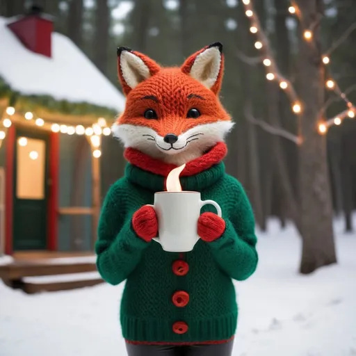 Prompt: charming red fox in a green knit sweater, winter wonderland, hot chocolate, forest green, warm, cozy vibes, string lights