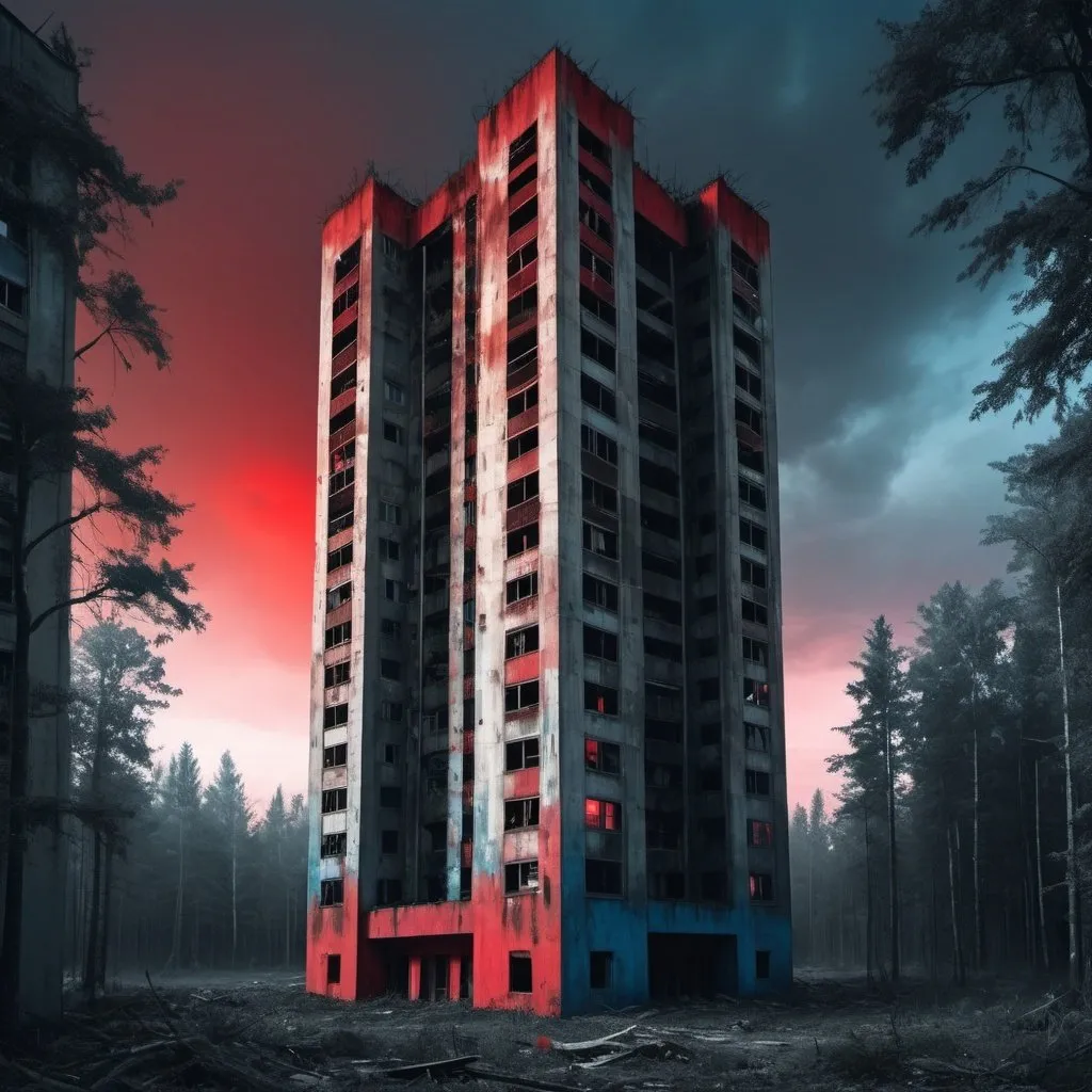 Prompt: dystopian apocalyptic, abandoned tall building with a dirty look in the middle of a forest, red and blue sky, grey building facade, one red light inside a room, 20 floor building, angular design