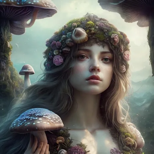 Prompt: : a beautiful, giantess, colossal goddess, landscape, detailed, floral, fantasy, landscape, floral, (small chest) mushrooms, soft, pretty, delicate, delicate face,  visuals, aesthetic, full body and face focus, intricate details, exceptional detail, fantasy, ethereal lighting, hyper sharp, sharp focus, photorealistic portrait, detailed face, highly detailed, realistic, hyper realistic, colorful, unreal engine, Ultra realistic, athletic body, Highly detailed photo realistic digital artwork. High definition. Face by Tom Bagshaw and art by Sakimichan, Android Jones" and tom bagshaw, Biggals, beautiful face, beautiful body, beautiful eyes, beautiful hair, smooth textures,is a digital painting with vibrant colors and exceptional detail, created using 3DS Max, AppGameKit, and Behance HD.

--aspect 5:4
--chaos 50
--quality 1
--seed 123456
--stop 100
--version 5.1
--stylize 500
--uplight
--iw 0.5


