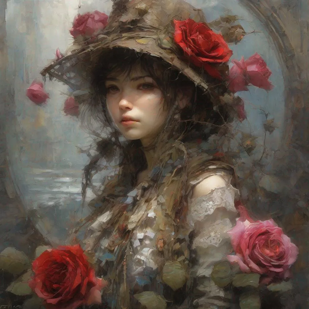 Prompt: Rusty Roses and lace  By Jean-Baptiste Monge, Intricate, very detailed, colourful, by Pino Daeni, oil on canvas, 4K, 3D, matte background, Epic, hyperdetailed intricately detailed, cinematic lighting, splash, stunning, acrylic painting, trending on pixiv fanbox, palette knife and brush strokes, style of makoto shinkai jamie wyeth james gilleard edward hopper greg rutkowski studio ghibli genshin impact