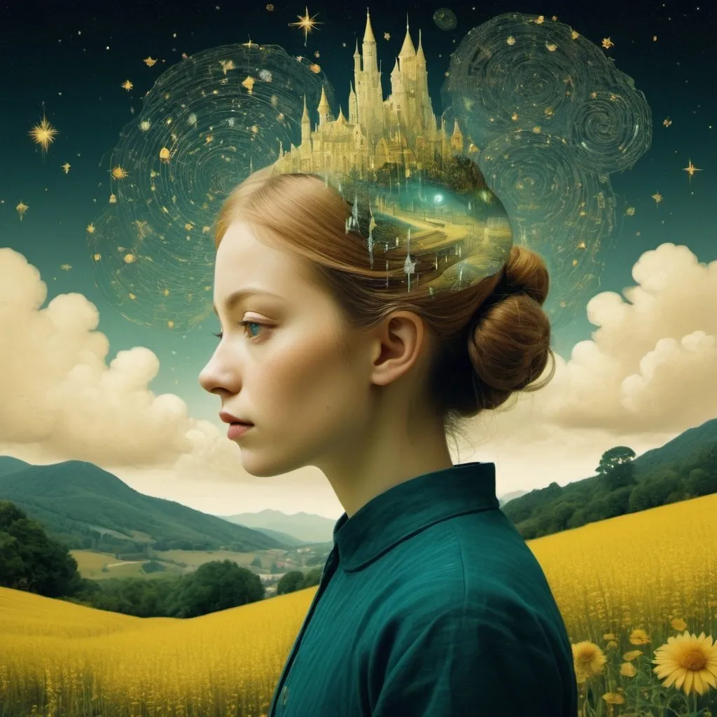 Prompt: beautiful mind journey. Dan Mountford, Christoffer Relander, Victo Ngai, Naoto Hattori, Van Gogh. Daniel Merriam. Fairytale, amazing double exposure illusion, mixed media, surrealism, otherworldly. Up in the clouds, winding path to starry night sky, Wizard of Oz motif. Artistic cinematography, close up landscape portrait, perfect face, enigmatic, dreamlike, beautiful lighting, beautiful colors, ultra detailed seamless blending of two scenes.