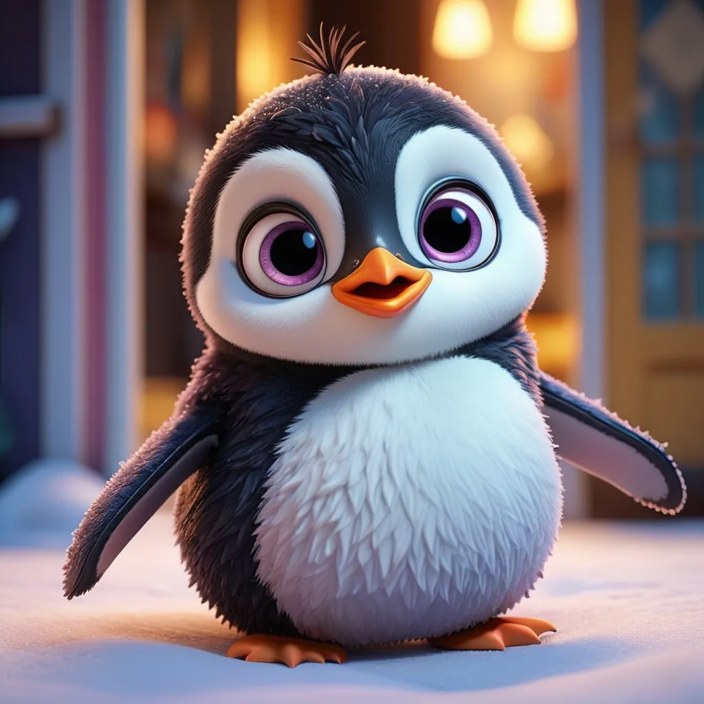 Prompt: Disney Pixar, exquisite new character, cute penguin, highly detailed, fluffy, intricate details, beautiful big eyes, maximum cuteness, lovely, adorable, beautiful, flawless, masterpiece, soft dramatic moody lighting, radiant love aura, ultra high quality octane render, hypermaximalist, trending on artstation, Anna Dittmann, Tom Blackwell