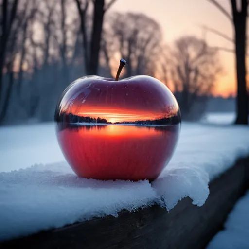 Prompt: glass apple, winter landscape, photography, Mysterious