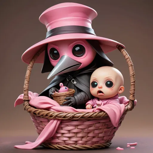 Prompt: adorable chibi pink plague  doctor and baby in basket