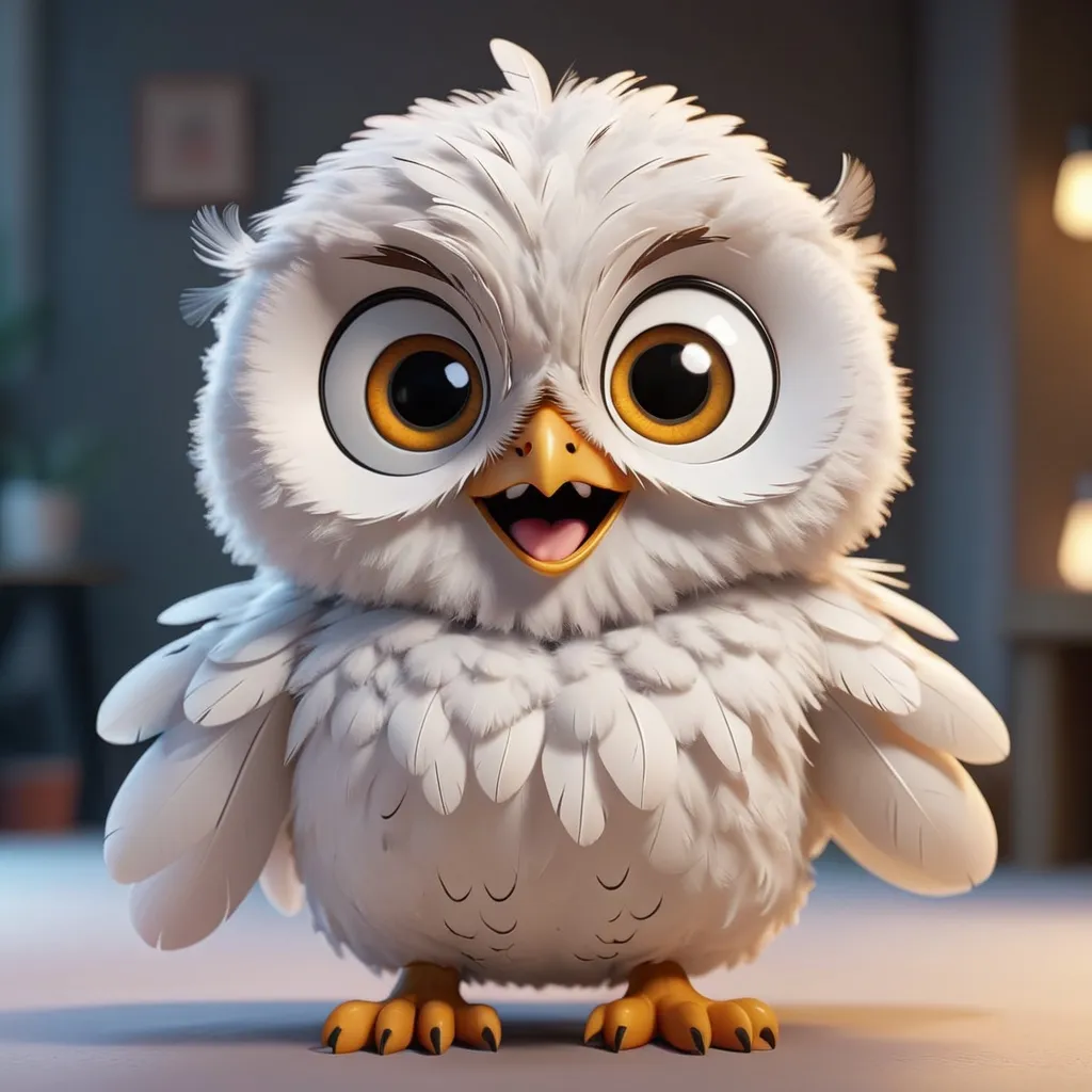 Prompt: Create a cute and fluffy Owl chick with cute eyes, and white feathers looking in front of the camera and smiling in 3D