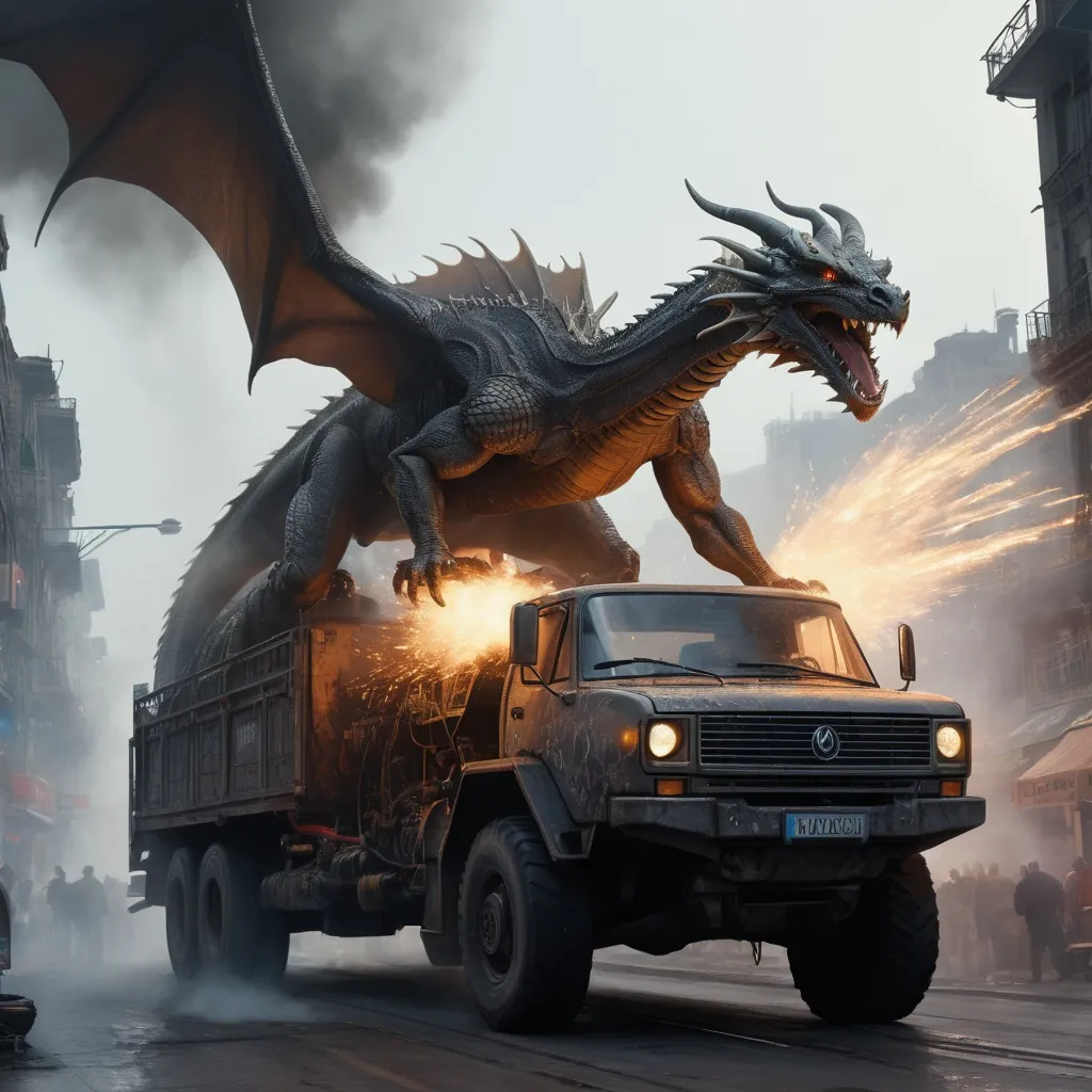 Prompt: A dragon, a mystical animal, flies out of a truck, sharp focus, emitting diodes, smoke, artillery, sparks, racks, system unit, motherboard, by pascal blanche rutkowski repin artstation hyperrealism painting concept art of detailed character design matte painting, 4 k resolution blade runner