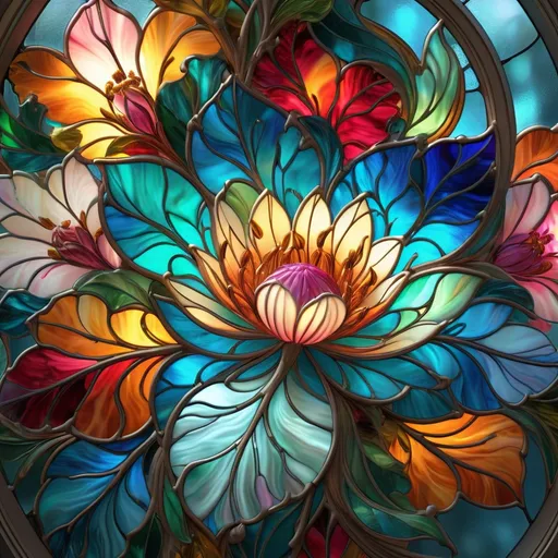 Prompt: transparent stained glass, flowers, extreme detail, 4k, ultra hd, fantasy art, fractal art, digital painting, radiant, hyper-detailed, colorful