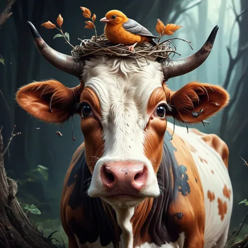 Prompt: stunning image of a cute adorable cow with huge beautiful eyes with a bird's nest on the head " dark fantasy concept art, by Alberto Seveso, Cyril Rolando, Dan Mumford, Carne Griffiths, Meaningful Visual Art, Detailed Strange Painting, Digital Illustration, Unreal Engine 5, 32k maximalist, hyperdetailed fantasy art, 3d digital art, sharp focus, masterpiece, fine art
