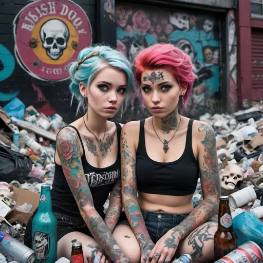 Prompt: Punk versions of Anna and Elsa surrounded by garbage, skull imagery, bottles of beer, discarded cigarettes with their distinct facial features remaining untouched, bearing intricate tattoos, color clash, subcultural aesthetics, street art inspiration, digital rendering, vivid contrast, urban decay backdrop, low-light environment, grimy textures, bold tattoo designs.