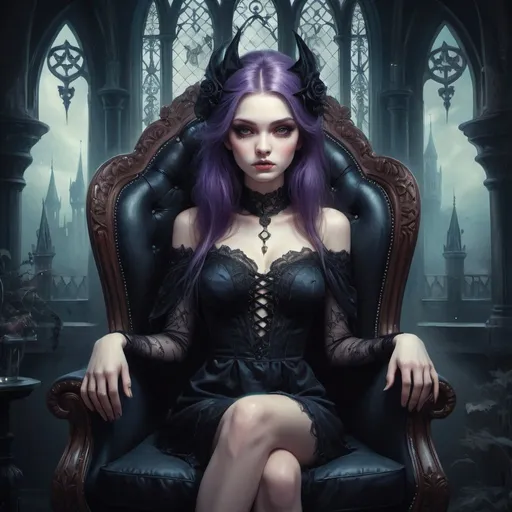 Prompt: Painting by Anna Dittmann, 20 years old beautiful witch is sitting gracefully in a chair adorned with Gothic motifs inside a dark gothic castle, intricate details, highly detailed environment, high contrast, UHD, 8k