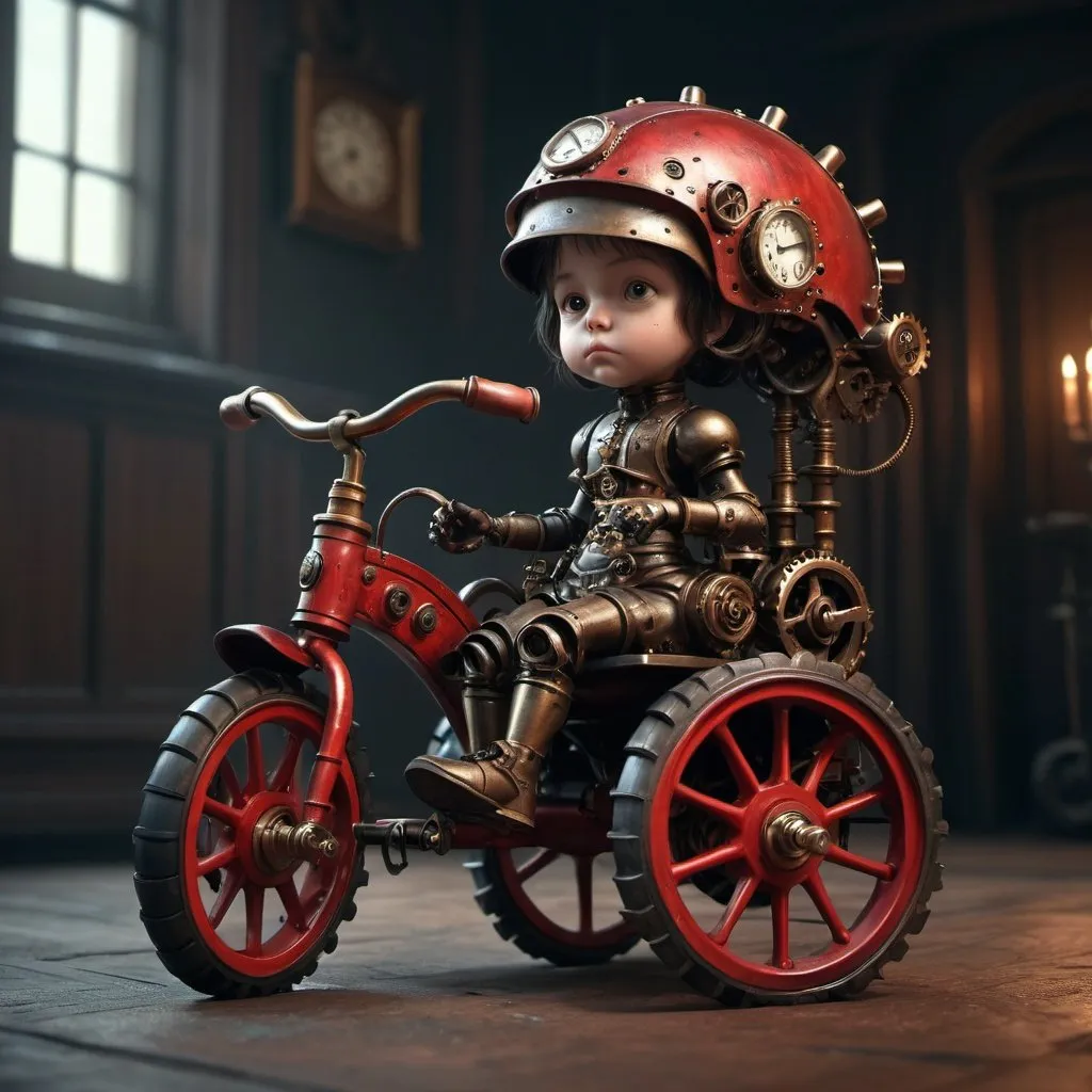 Prompt: steampunk, clockpunk_mini_red rider tricycle, steam_powered, gears, belts, darkart, steampunk, little _girl, perfect composition, beautiful detailed intricate insanely detailed octane render trending on artstation, 8 k artistic photography, photorealistic concept art, soft natural volumetric cinematic perfect light, chiaroscuro, award - winning photograph, masterpiece, oil on canvas, raphael, caravaggio, greg rutkowski, beeple, beksinski, giger