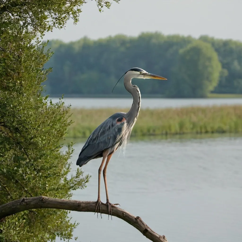 Prompt: Heron posé sur un arbre à coté d'un lac