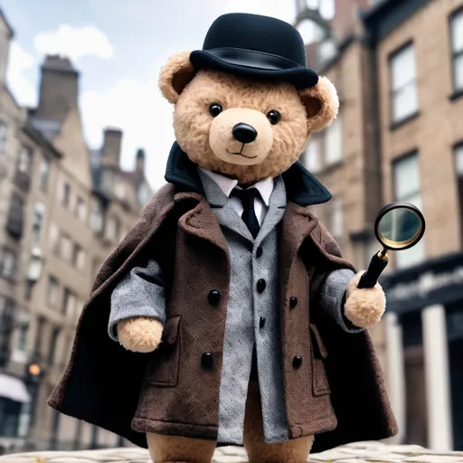 Prompt: a teddy bear dressed as Sherlock Holmes with a long wool coat and detective hat, holding a magnifying glass. he is surrounded by an old cobblestone city background.
Sherlock Holmes cosplay+mystery+ detective <mymodel> the dimensions should be 10.312” W x 3.875” H.